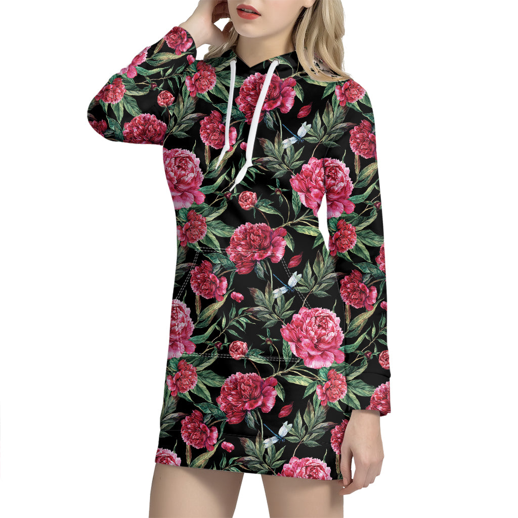 Watercolor Peony Pattern Print Hoodie Dress
