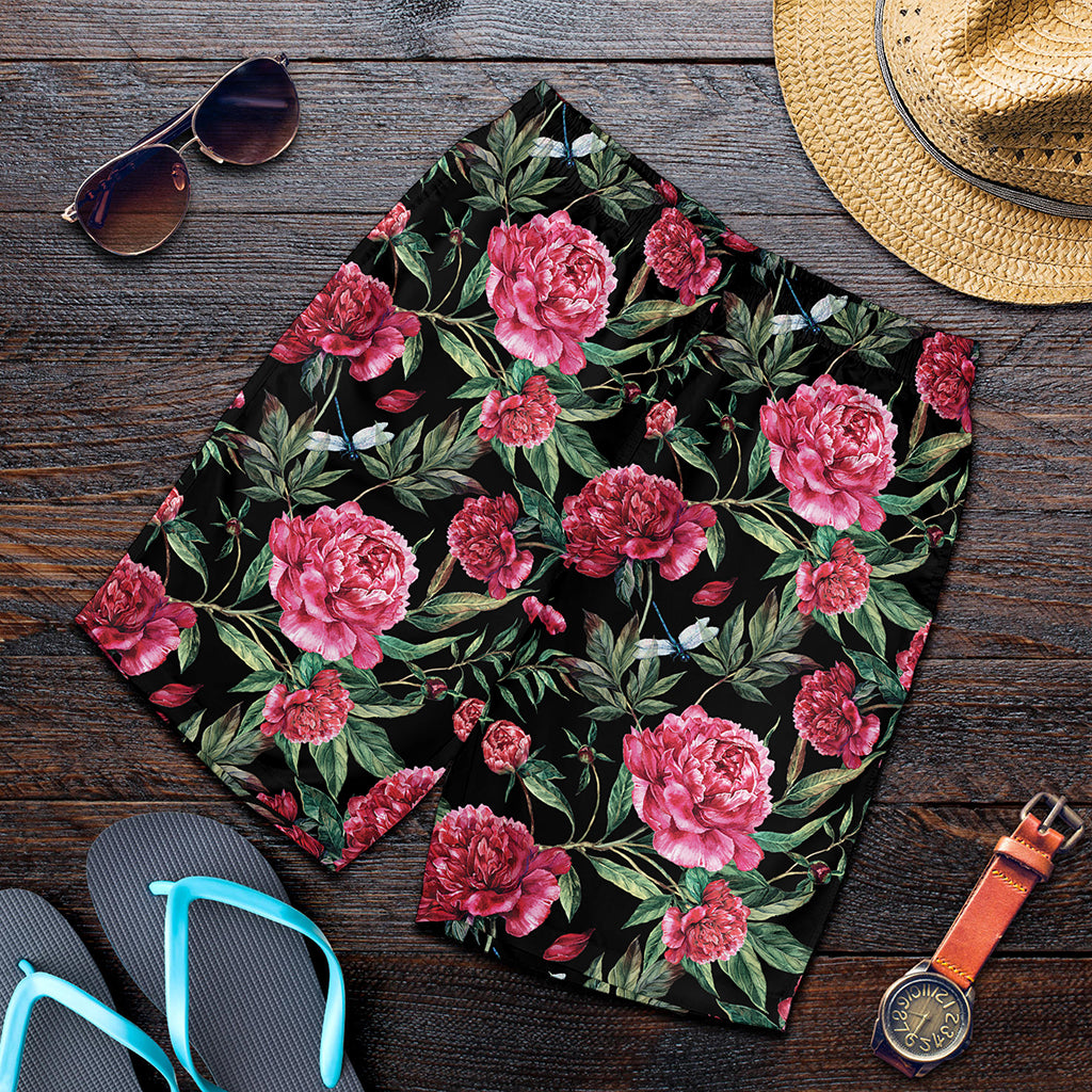 Watercolor Peony Pattern Print Men's Shorts