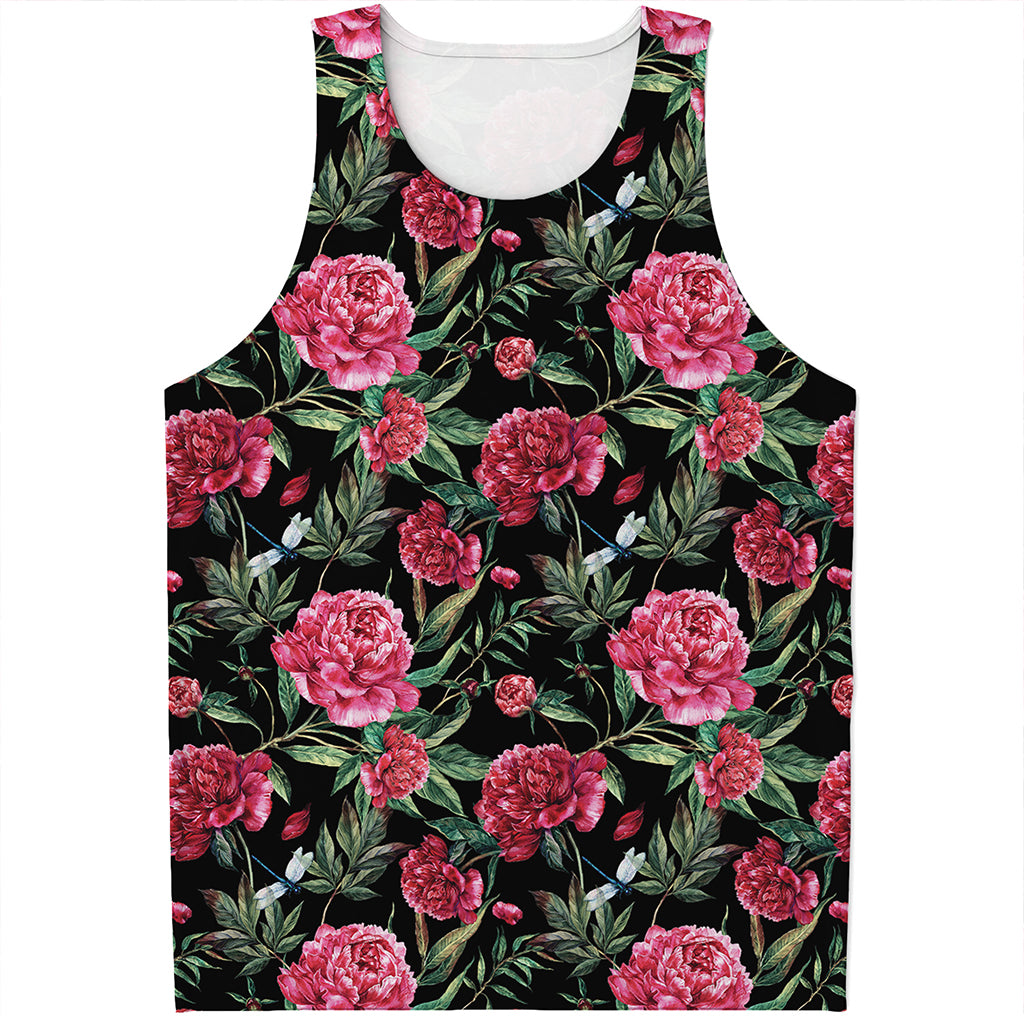 Watercolor Peony Pattern Print Men's Tank Top