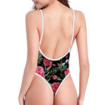 Watercolor Peony Pattern Print One Piece High Cut Swimsuit