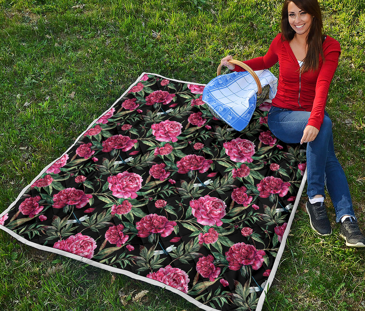 Watercolor Peony Pattern Print Quilt