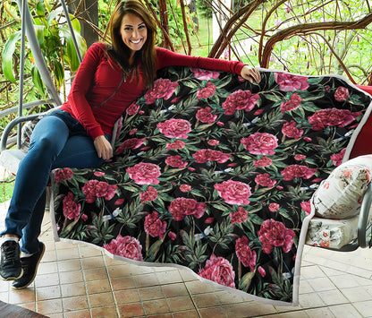 Watercolor Peony Pattern Print Quilt
