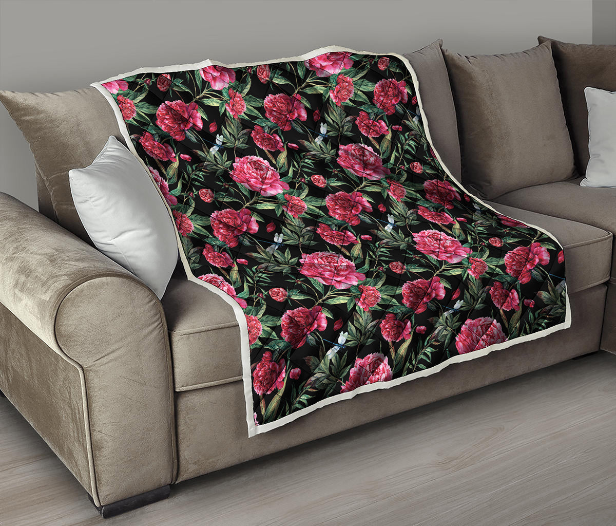 Watercolor Peony Pattern Print Quilt