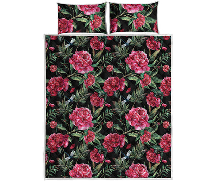 Watercolor Peony Pattern Print Quilt Bed Set