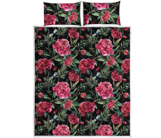 Watercolor Peony Pattern Print Quilt Bed Set