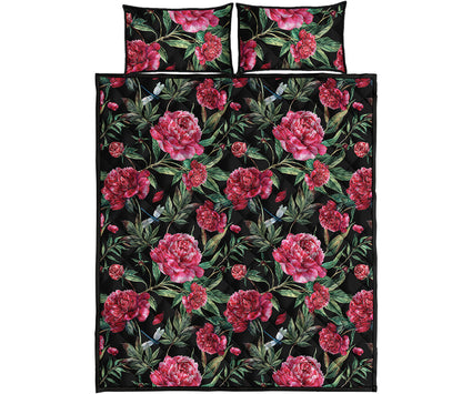 Watercolor Peony Pattern Print Quilt Bed Set