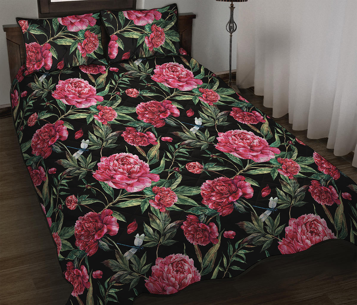 Watercolor Peony Pattern Print Quilt Bed Set