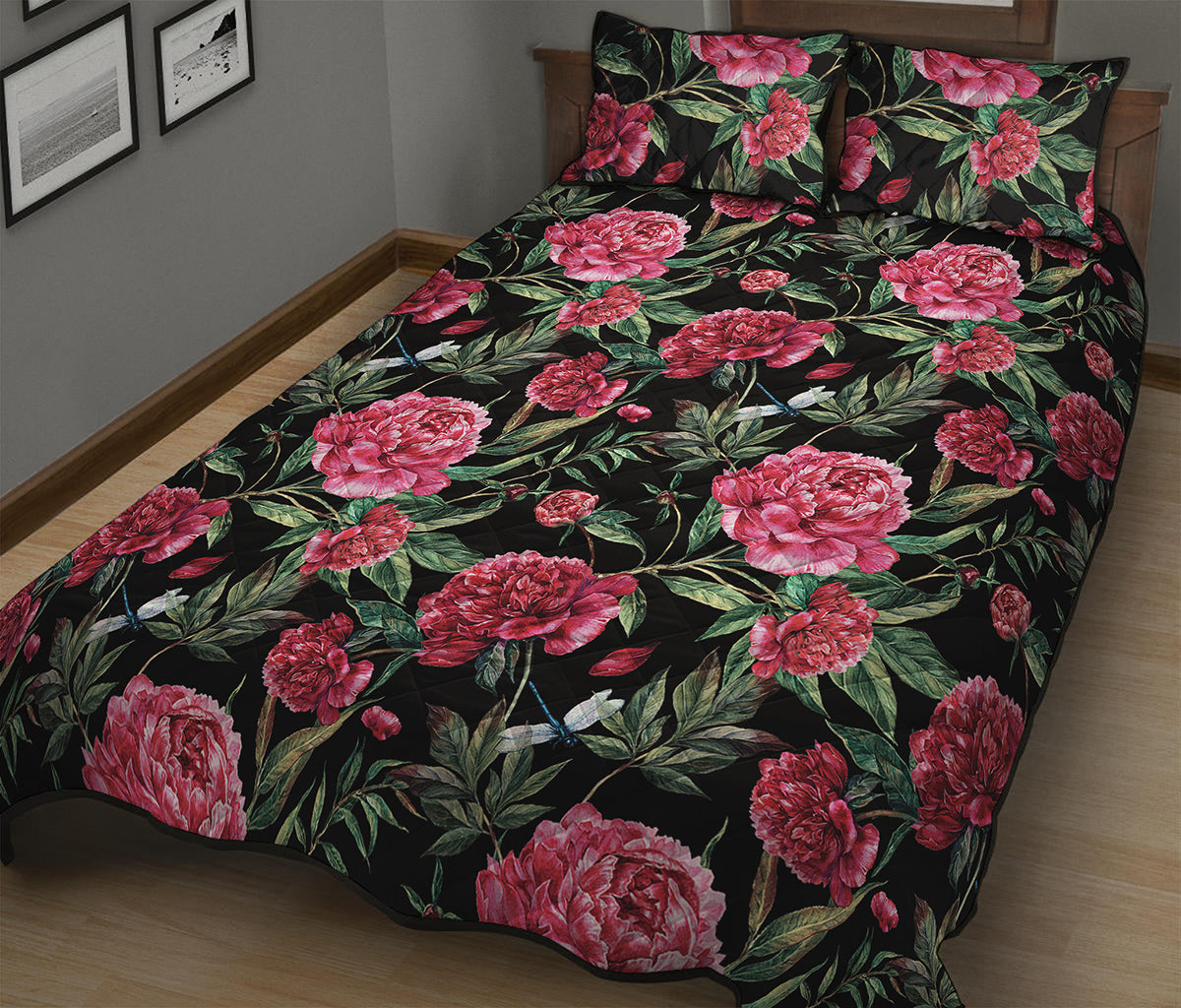 Watercolor Peony Pattern Print Quilt Bed Set