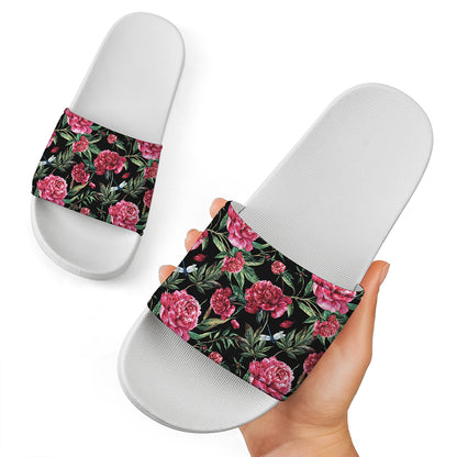 Watercolor Peony Pattern Print White Slide Sandals