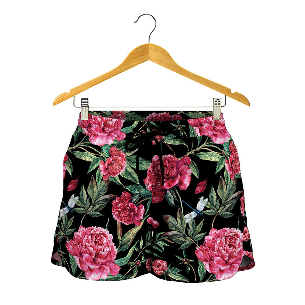 Watercolor Peony Pattern Print Women's Shorts