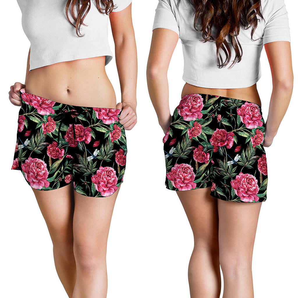 Watercolor Peony Pattern Print Women's Shorts