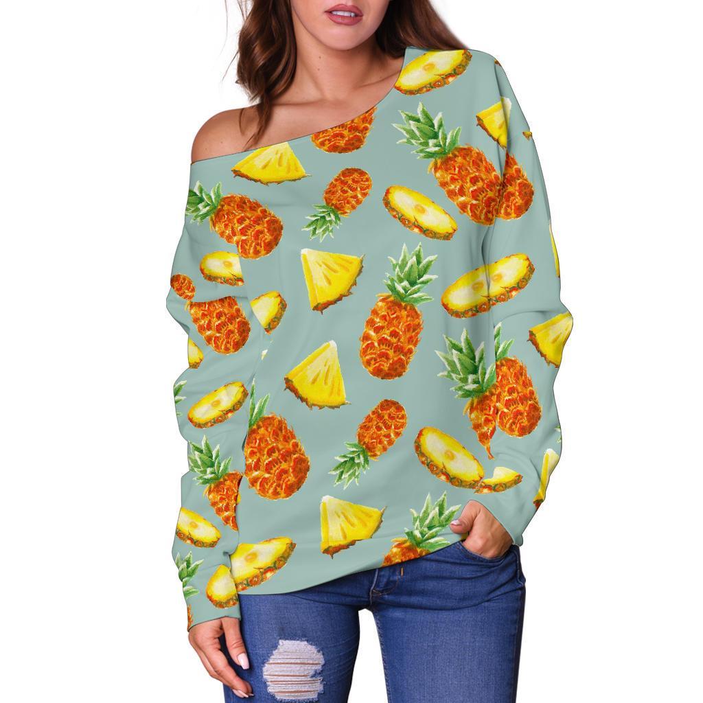 Watercolor Pineapple Pattern Print Off Shoulder Sweatshirt GearFrost