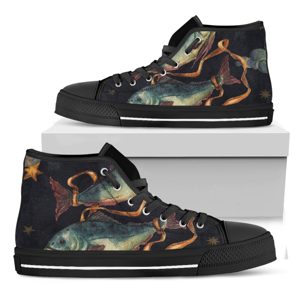 Watercolor Pisces Zodiac Sign Print Black High Top Shoes