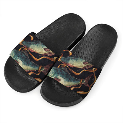 Watercolor Pisces Zodiac Sign Print Black Slide Sandals