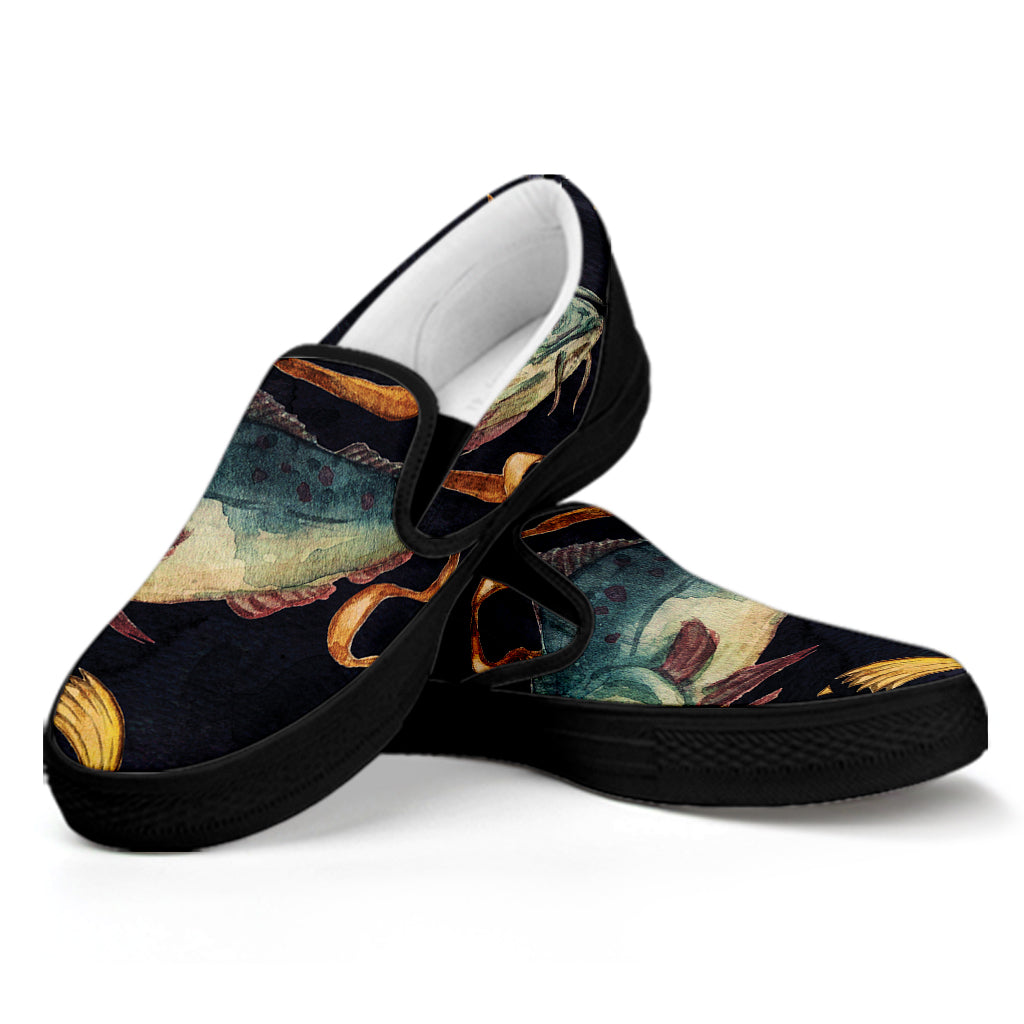 Watercolor Pisces Zodiac Sign Print Black Slip On Shoes