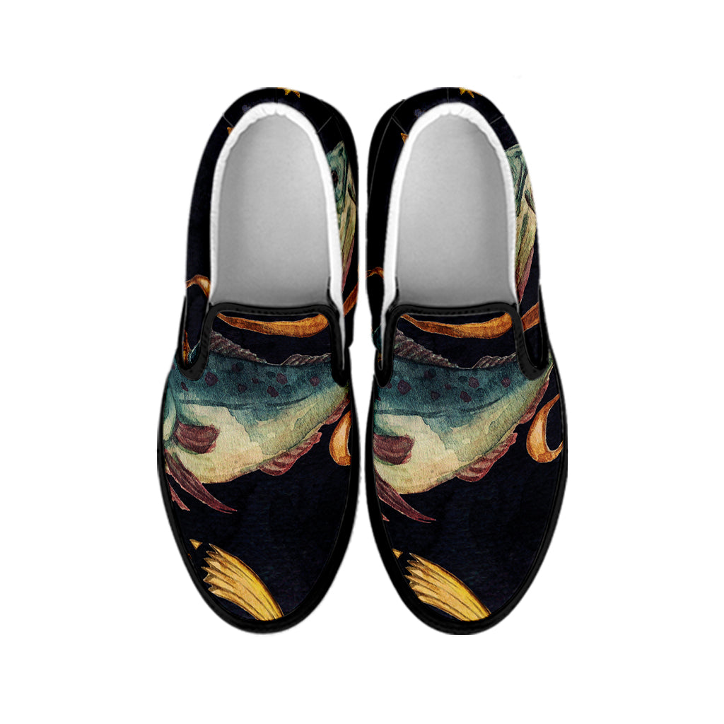 Watercolor Pisces Zodiac Sign Print Black Slip On Shoes
