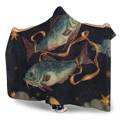 Watercolor Pisces Zodiac Sign Print Hooded Blanket