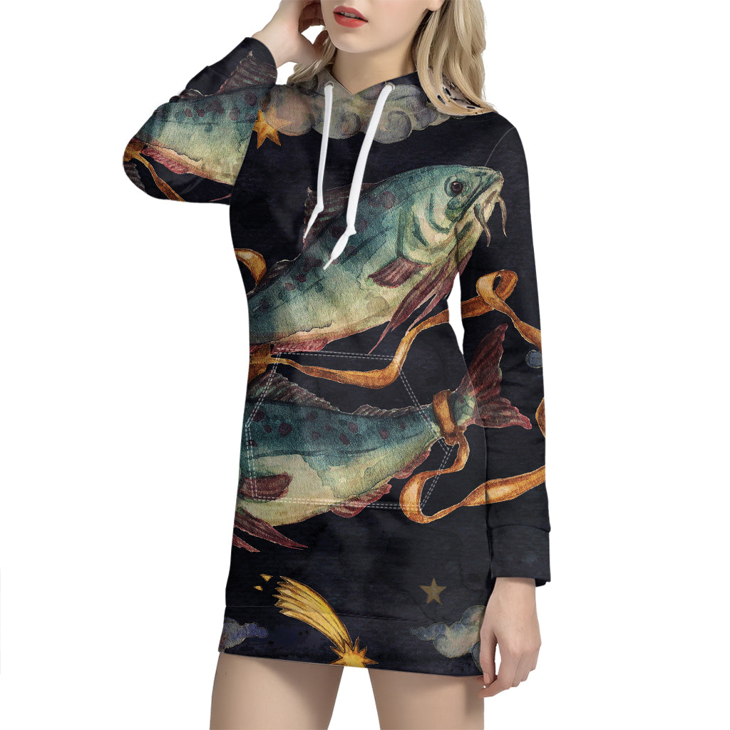 Watercolor Pisces Zodiac Sign Print Pullover Hoodie Dress