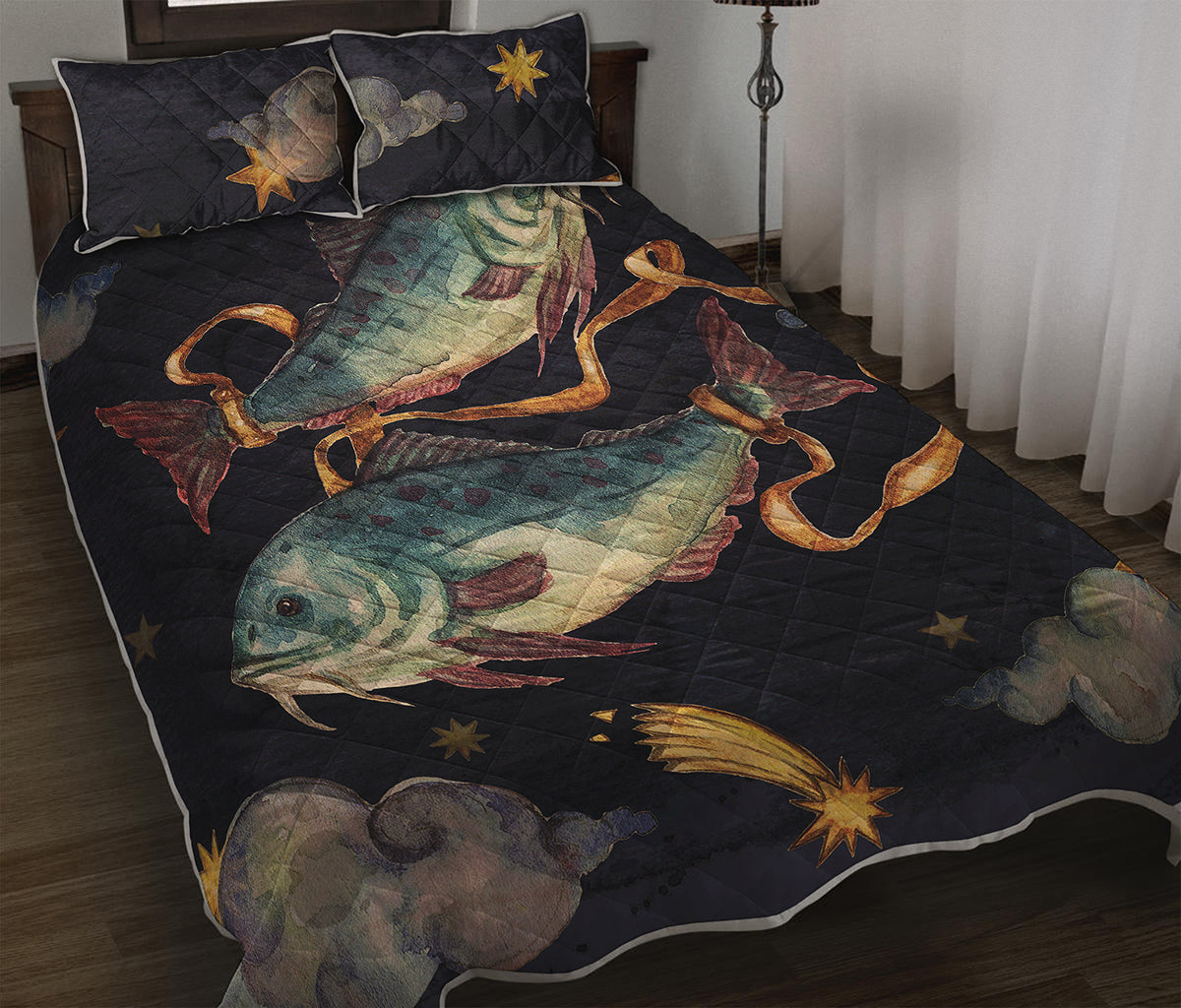 Watercolor Pisces Zodiac Sign Print Quilt Bed Set