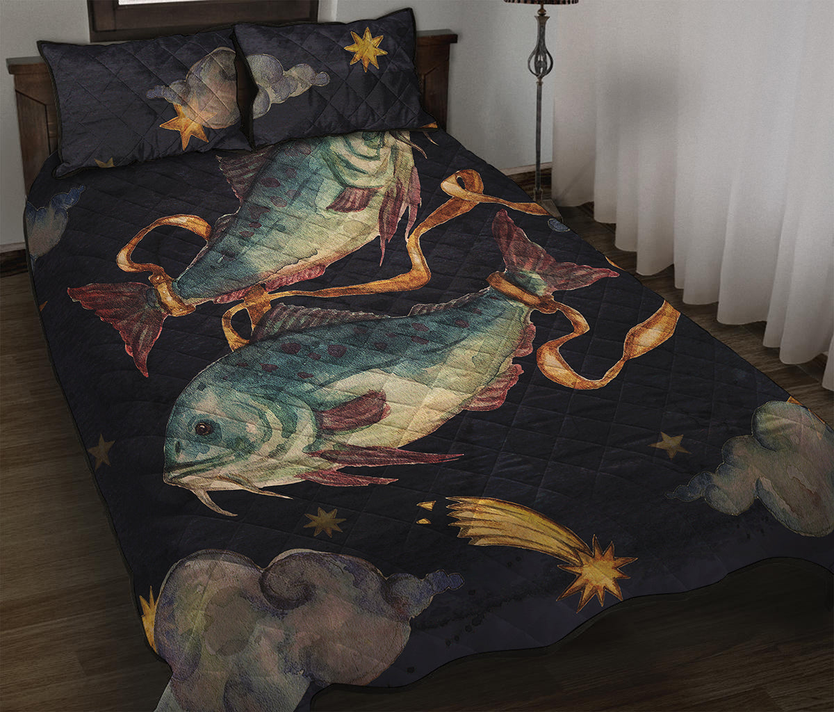 Watercolor Pisces Zodiac Sign Print Quilt Bed Set