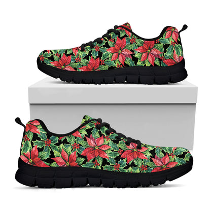 Watercolor Poinsettia Pattern Print Black Sneakers