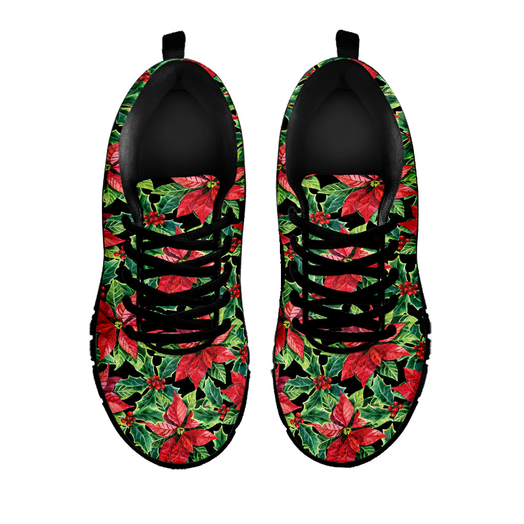 Watercolor Poinsettia Pattern Print Black Sneakers