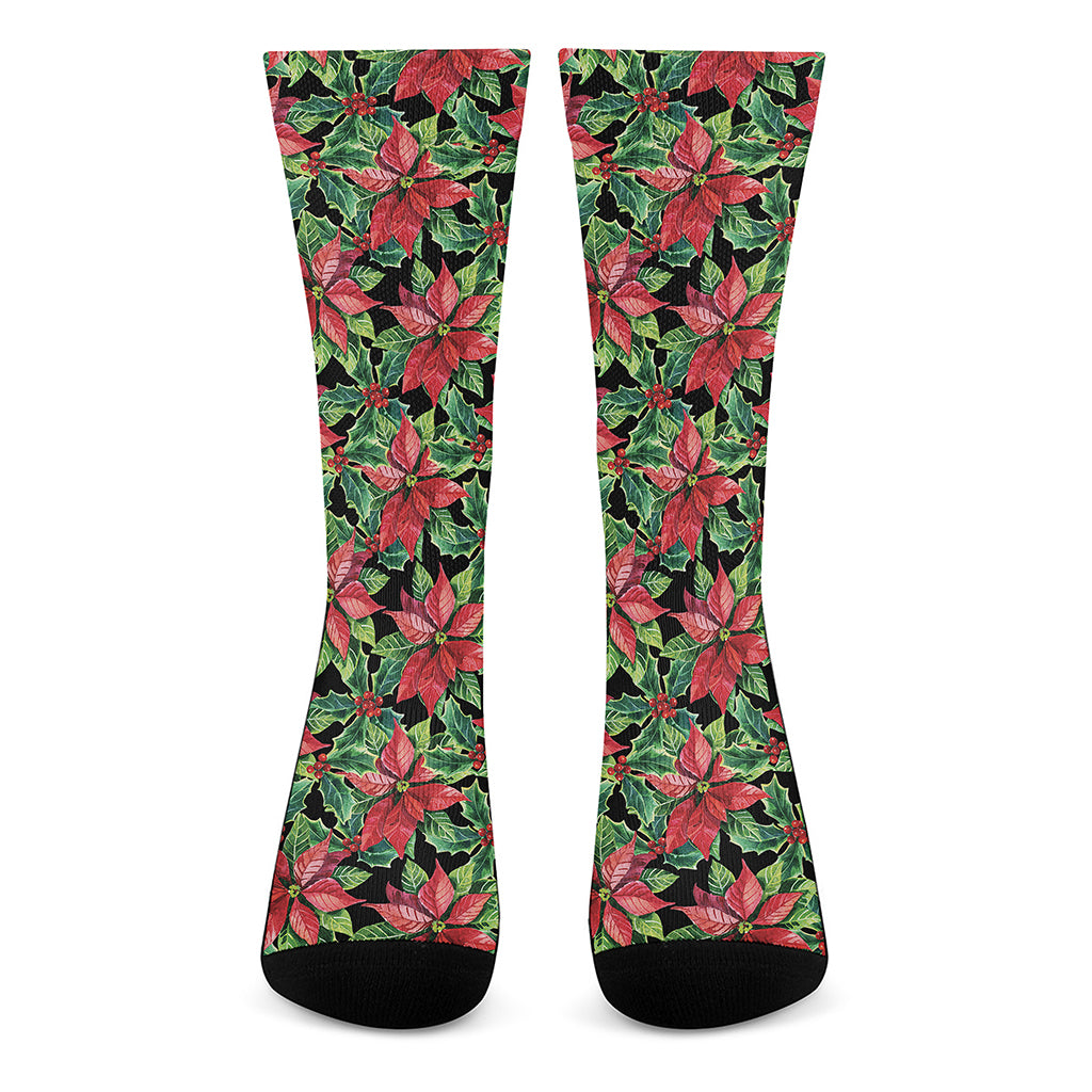 Watercolor Poinsettia Pattern Print Crew Socks