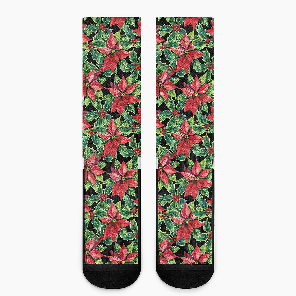 Watercolor Poinsettia Pattern Print Crew Socks