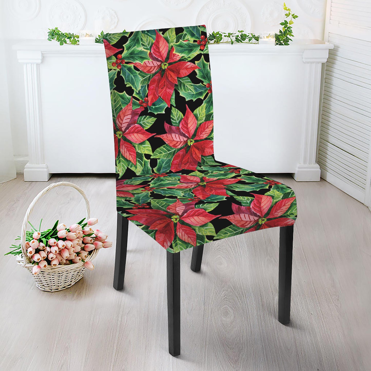 Watercolor Poinsettia Pattern Print Dining Chair Slipcover