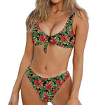 Watercolor Poinsettia Pattern Print Front Bow Tie Bikini