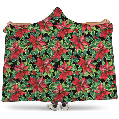 Watercolor Poinsettia Pattern Print Hooded Blanket