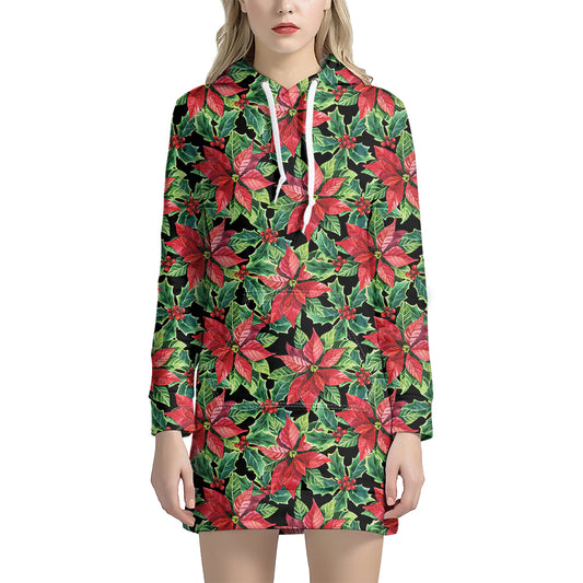 Watercolor Poinsettia Pattern Print Hoodie Dress