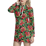 Watercolor Poinsettia Pattern Print Hoodie Dress