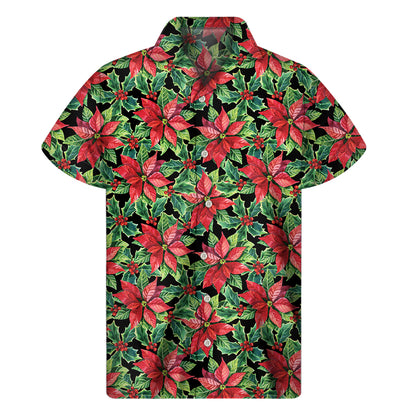 Watercolor Poinsettia Pattern Print Men's Short Sleeve Shirt