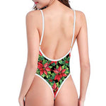 Watercolor Poinsettia Pattern Print One Piece High Cut Swimsuit
