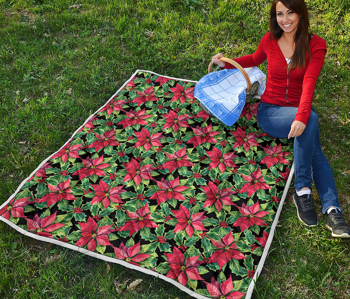 Watercolor Poinsettia Pattern Print Quilt
