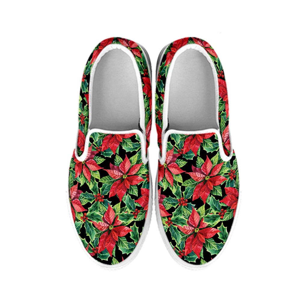 Watercolor Poinsettia Pattern Print White Slip On Shoes