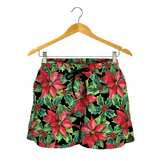 Watercolor Poinsettia Pattern Print Women's Shorts