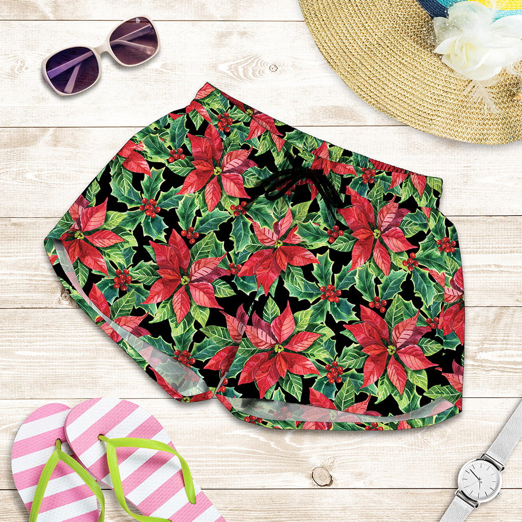 Watercolor Poinsettia Pattern Print Women's Shorts