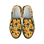 Watercolor Polka Dot Sunflower Print Black Slip On Shoes