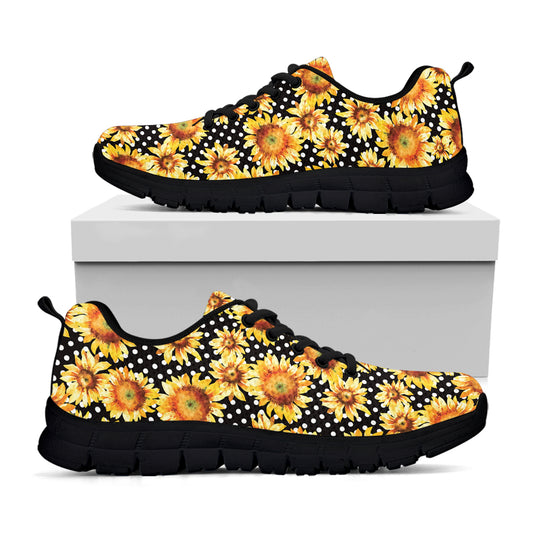 Watercolor Polka Dot Sunflower Print Black Sneakers