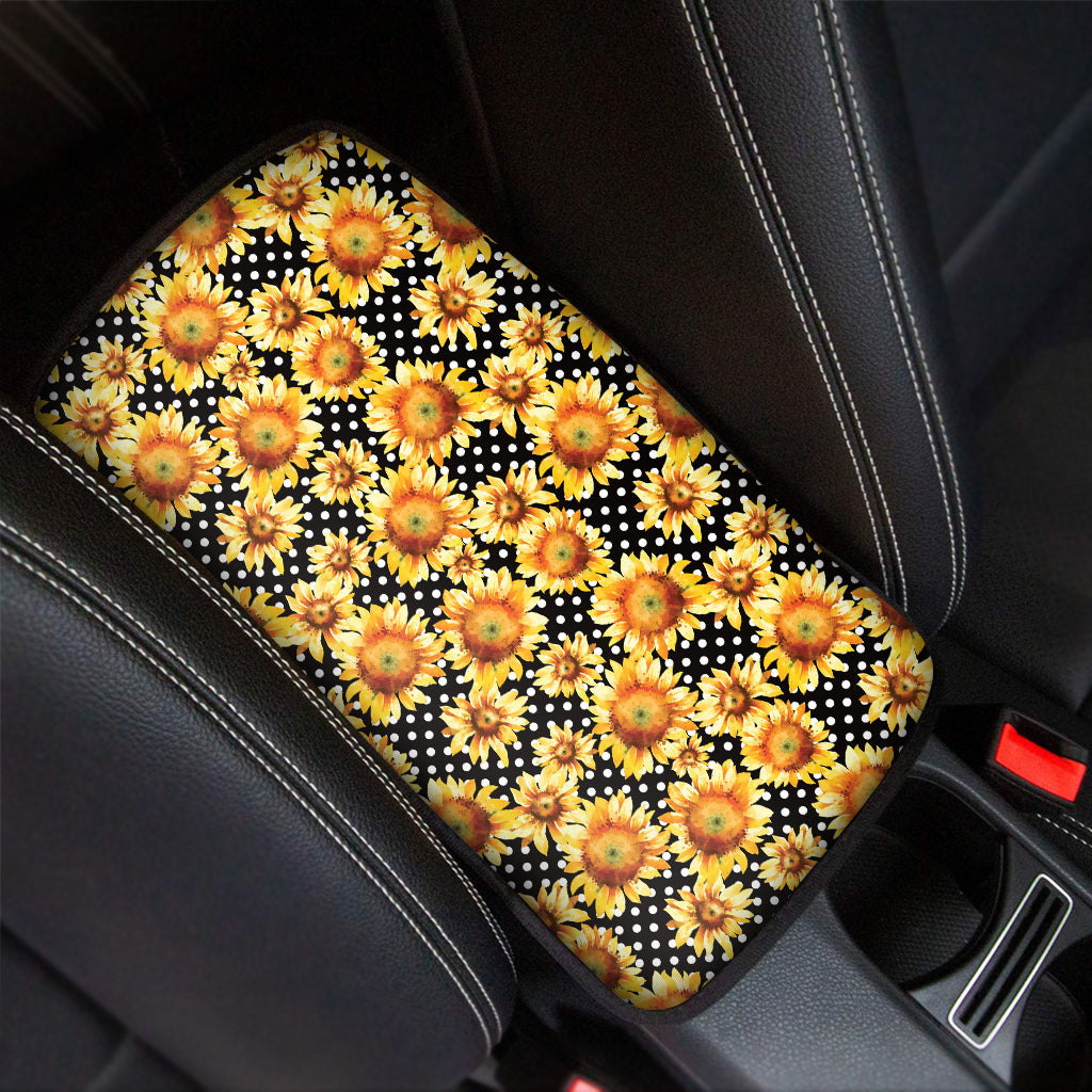 Watercolor Polka Dot Sunflower Print Car Center Console Cover