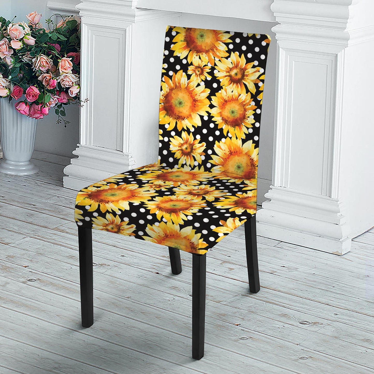 Watercolor Polka Dot Sunflower Print Dining Chair Slipcover