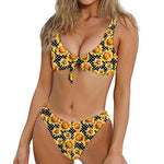 Watercolor Polka Dot Sunflower Print Front Bow Tie Bikini