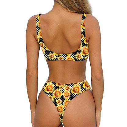 Watercolor Polka Dot Sunflower Print Front Bow Tie Bikini