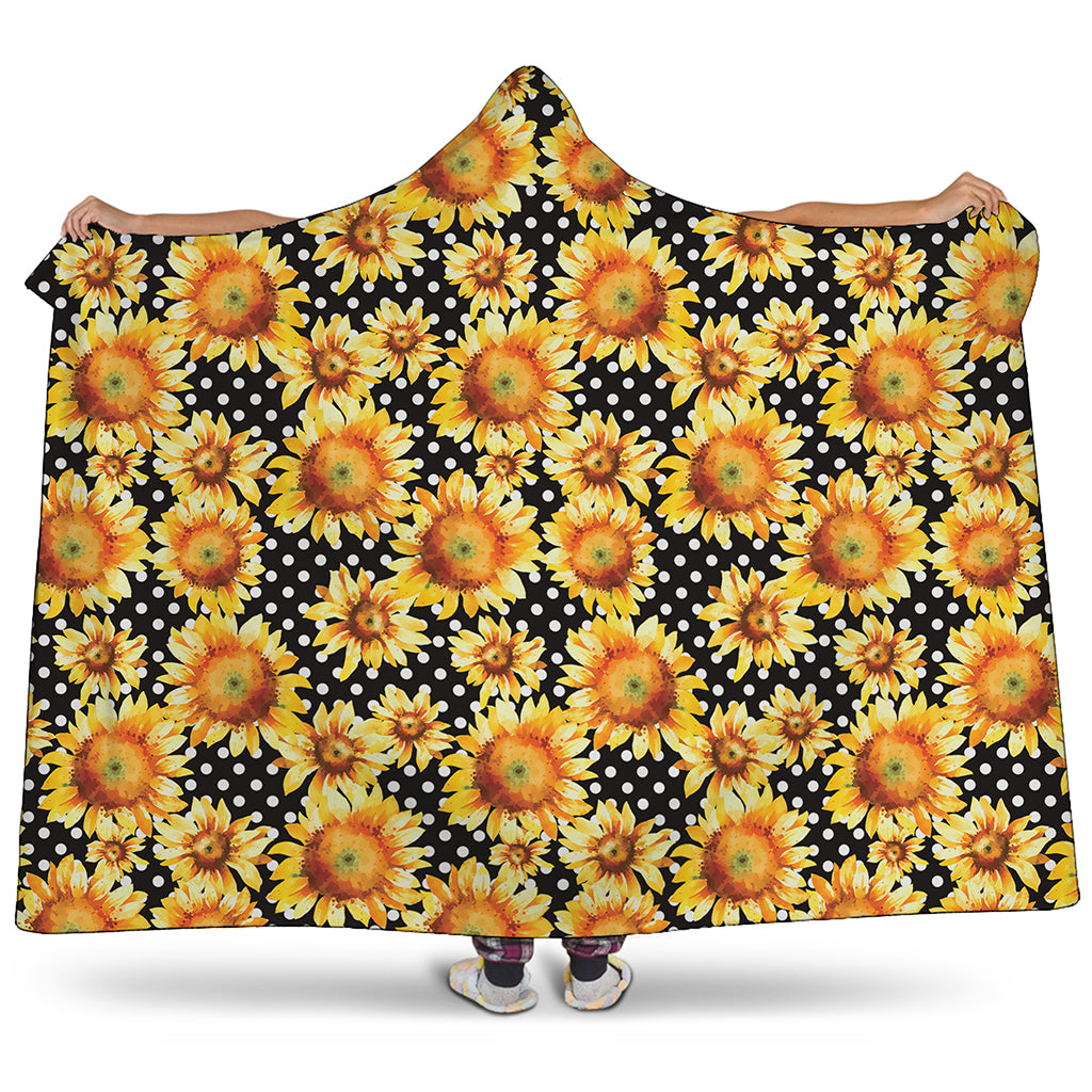 Watercolor Polka Dot Sunflower Print Hooded Blanket