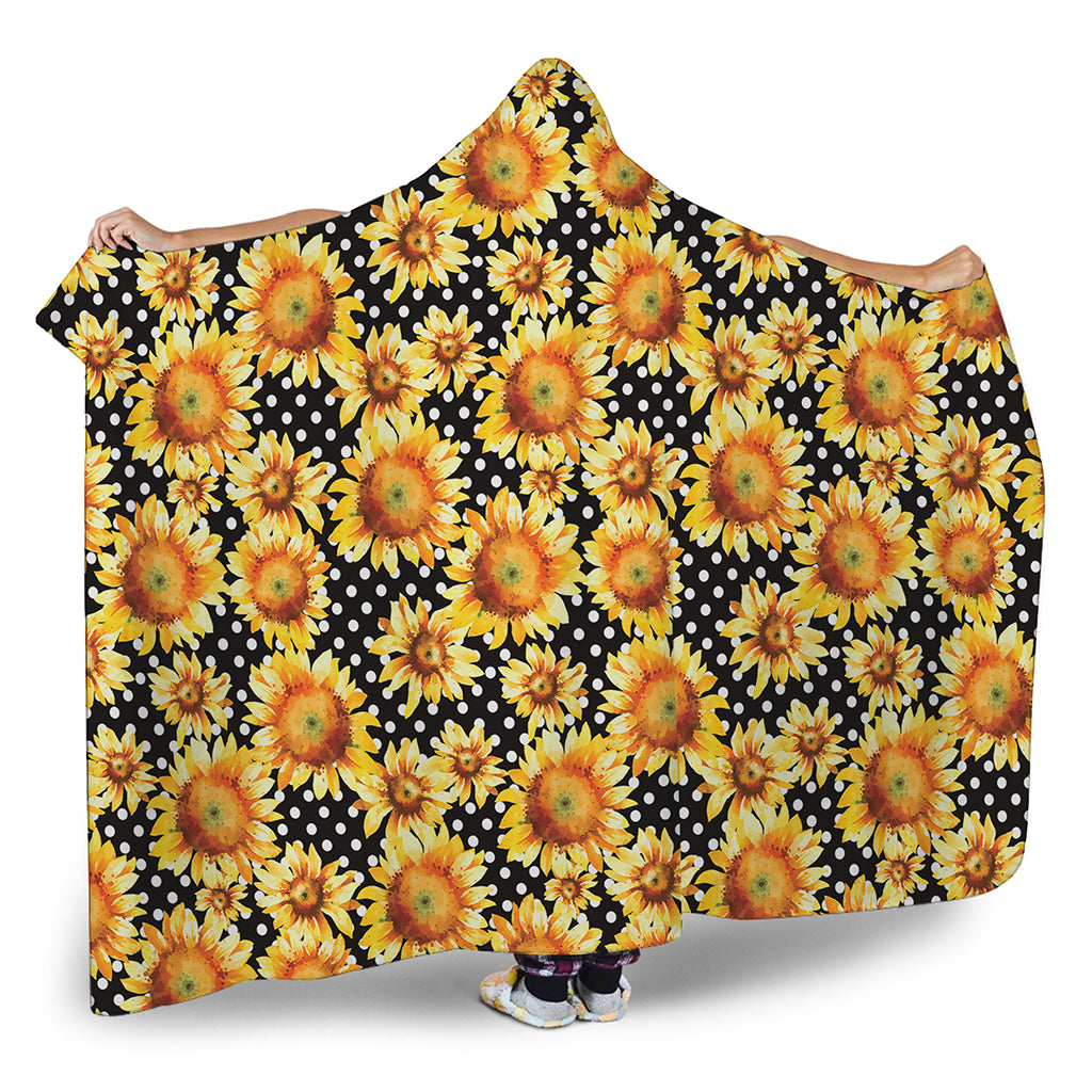 Watercolor Polka Dot Sunflower Print Hooded Blanket