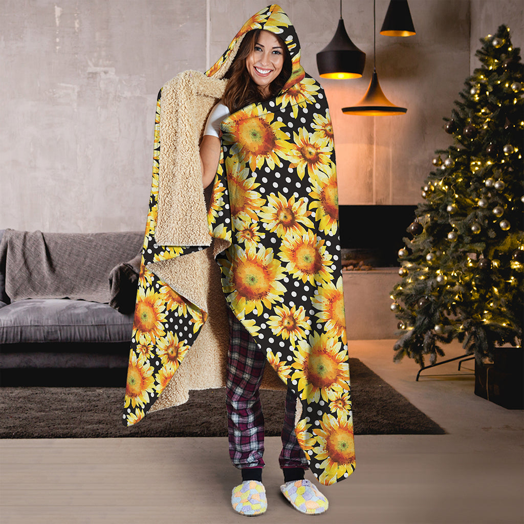Watercolor Polka Dot Sunflower Print Hooded Blanket
