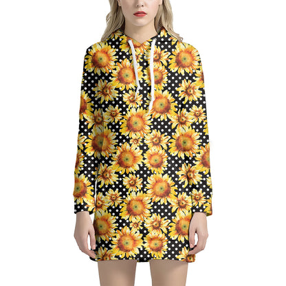 Watercolor Polka Dot Sunflower Print Hoodie Dress