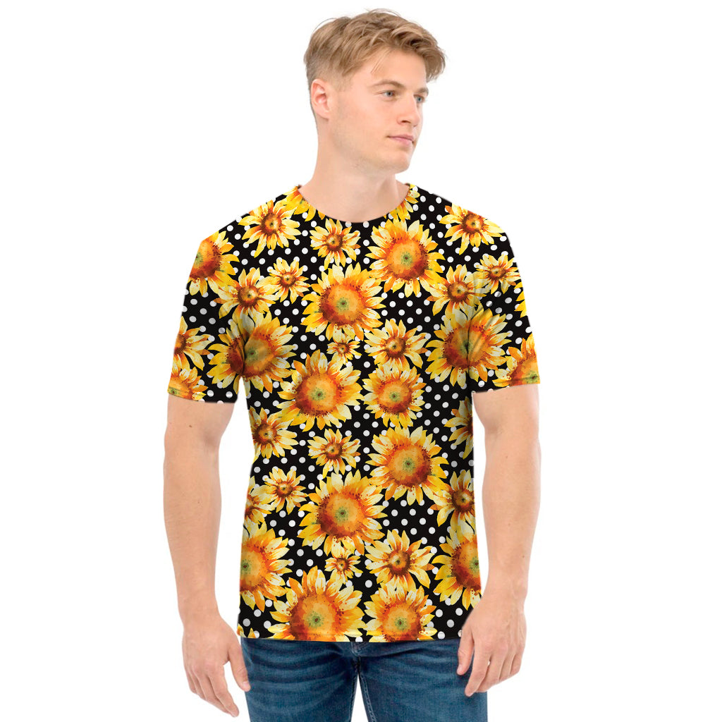 Watercolor Polka Dot Sunflower Print Men's T-Shirt